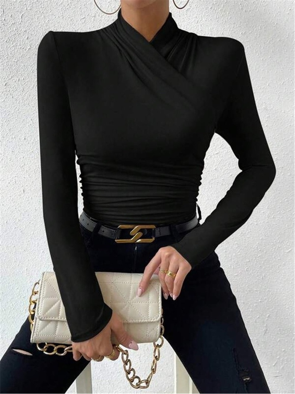 Commense Cross-Over Collar Pleated Cinched T-Shirt